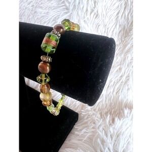 Handmade Lampwork Glass Bead‎ Bracelet Green Amber Artisan Earthy Woodland Honey